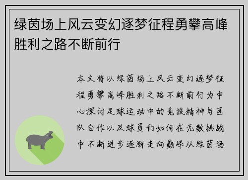 绿茵场上风云变幻逐梦征程勇攀高峰胜利之路不断前行