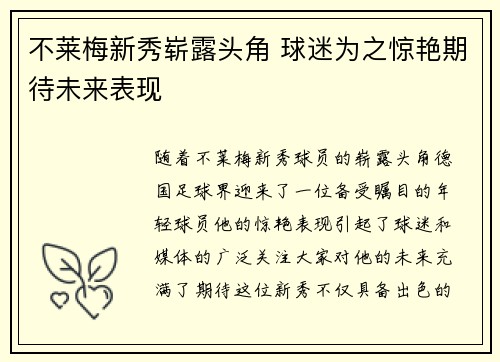 不莱梅新秀崭露头角 球迷为之惊艳期待未来表现