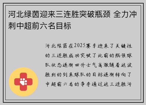 河北绿茵迎来三连胜突破瓶颈 全力冲刺中超前六名目标