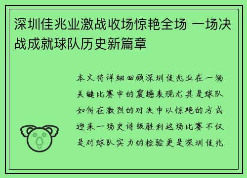 深圳佳兆业激战收场惊艳全场 一场决战成就球队历史新篇章