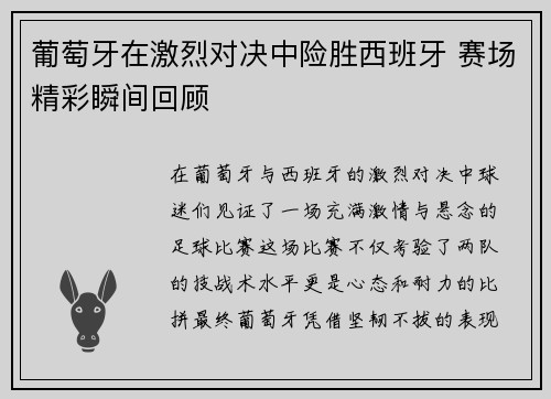 葡萄牙在激烈对决中险胜西班牙 赛场精彩瞬间回顾