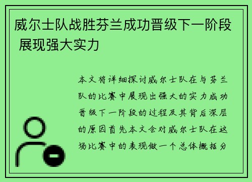 威尔士队战胜芬兰成功晋级下一阶段 展现强大实力