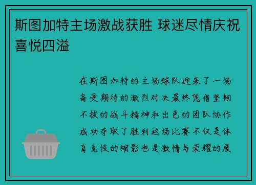 斯图加特主场激战获胜 球迷尽情庆祝喜悦四溢