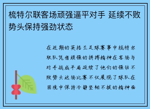 梳特尔联客场顽强逼平对手 延续不败势头保持强劲状态
