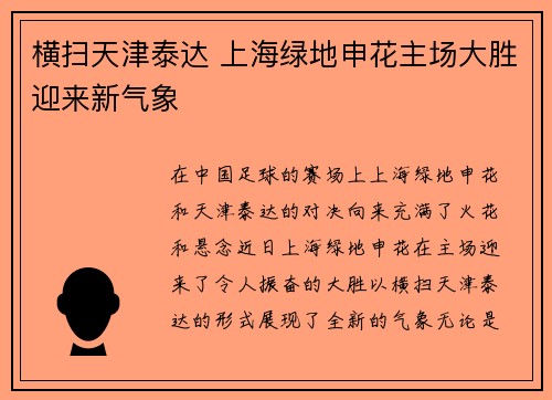 横扫天津泰达 上海绿地申花主场大胜迎来新气象